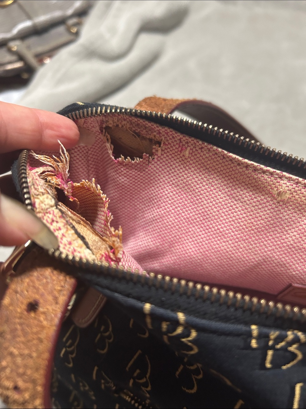 Dooney & Bourke Navy Logo Satchel with Tan Leather Trim - Picture 11 of 12